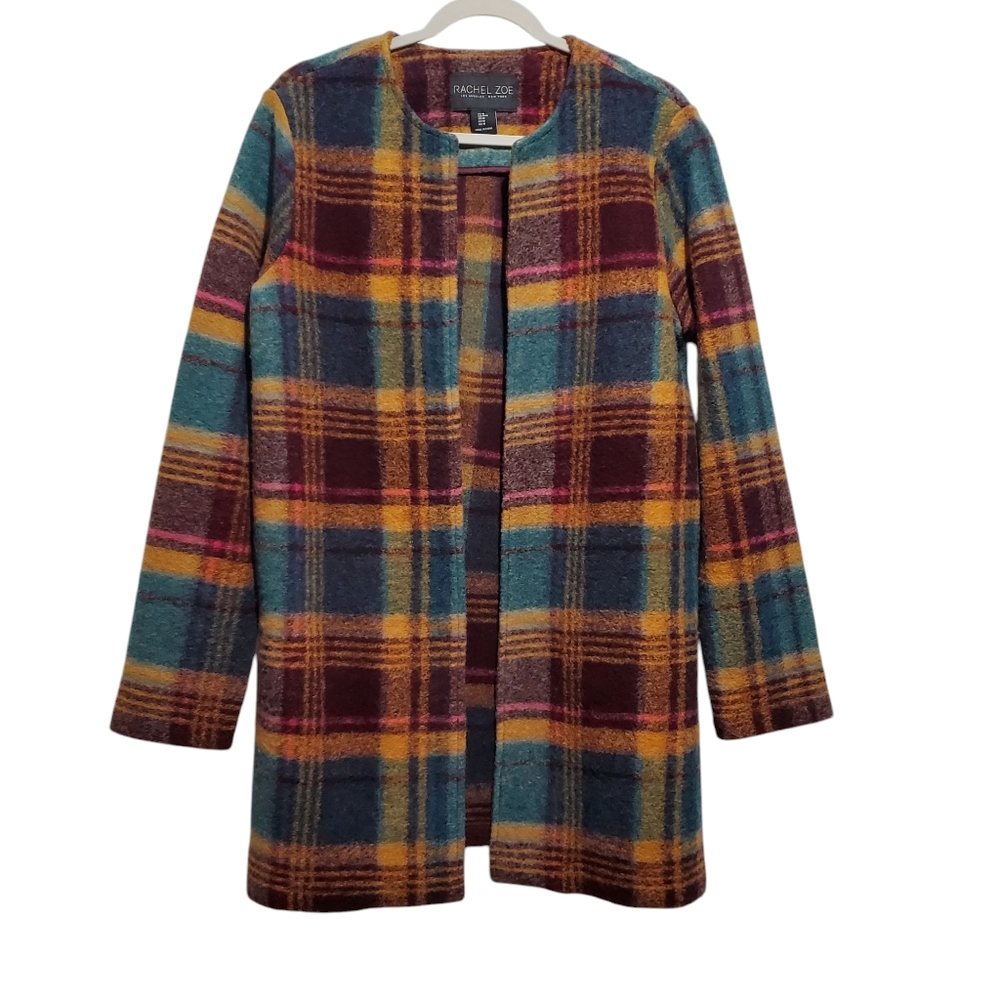 Rachel Zoe Wool Blend Multi-colored Open Front Longline Blazer Jacket Si…
